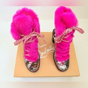 Christian Louboutin Paillettes Fanny 70 Pink Rabbit Fur Heel Combat Boots EU 37